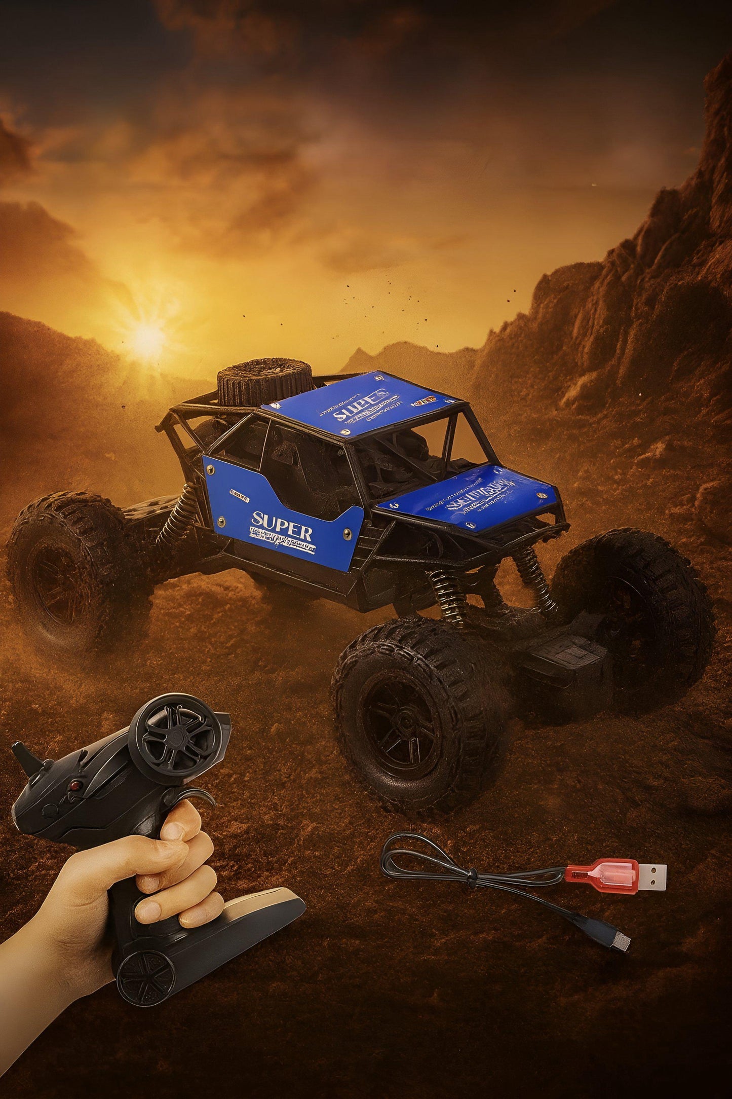 High-Speed Rechargeable RC Monster Truck | Off-Road Rock Crawler Remote Control Car with Toy - Type-C Port