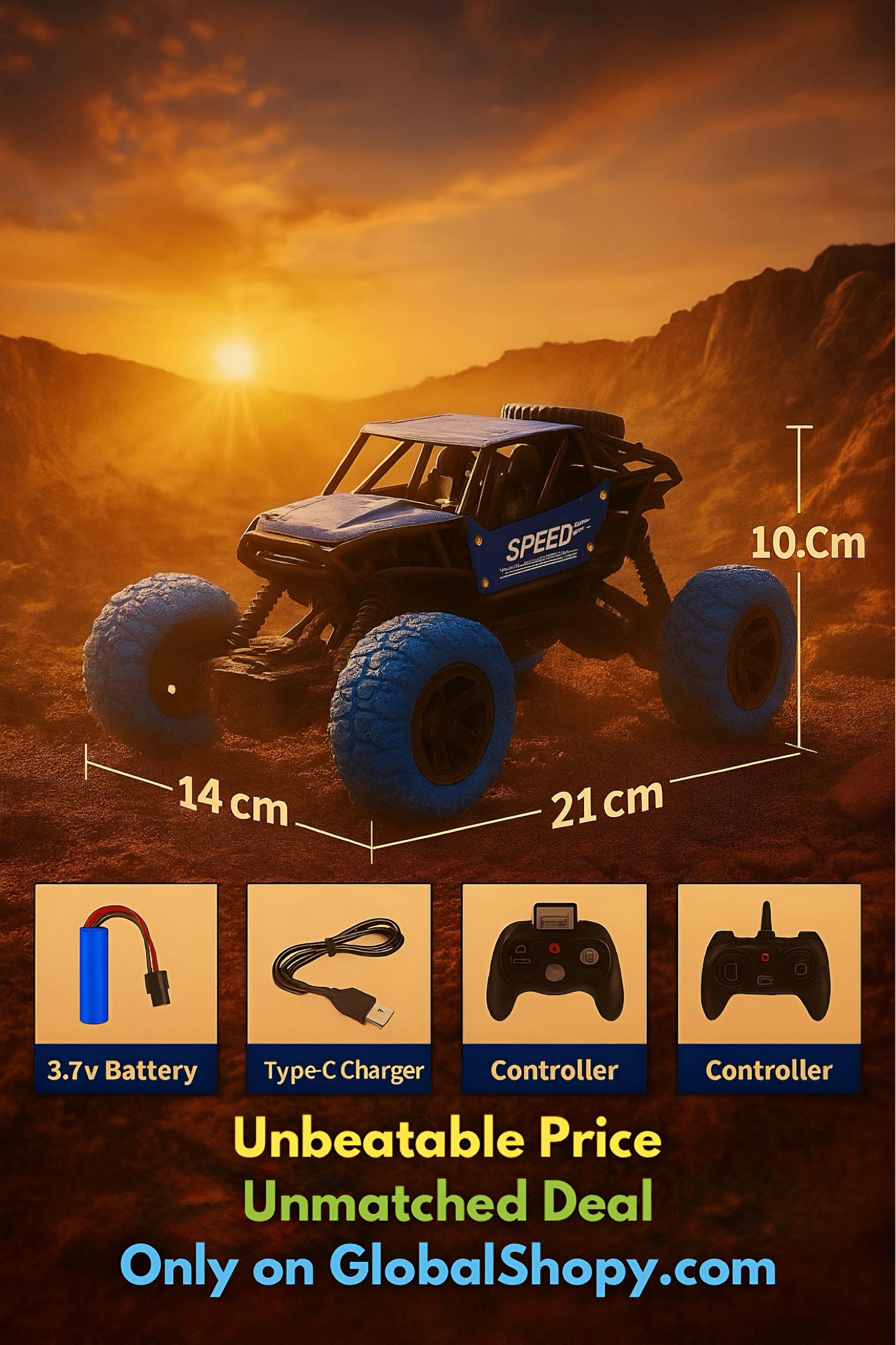 High-Speed Rechargeable RC Monster Truck | Off-Road Rock Crawler Remote Control Car with Toy - Type-C Port
